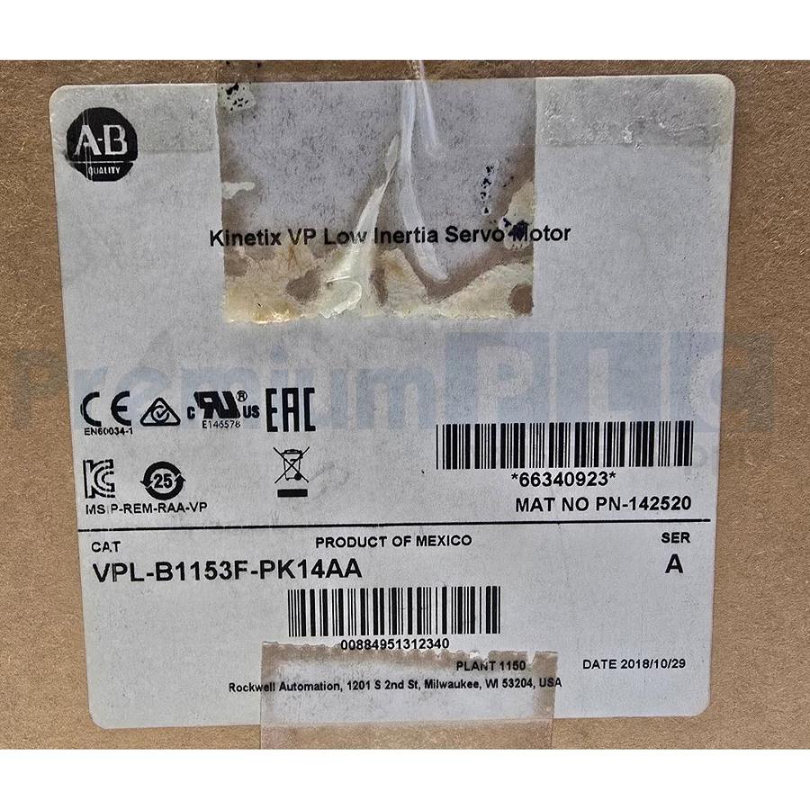 Used ALLEN BRADLEY VPL-B1153F-PK14AA /A KINETIX VPL LOW INERTIA SERVO MOTOR 480V NSFS