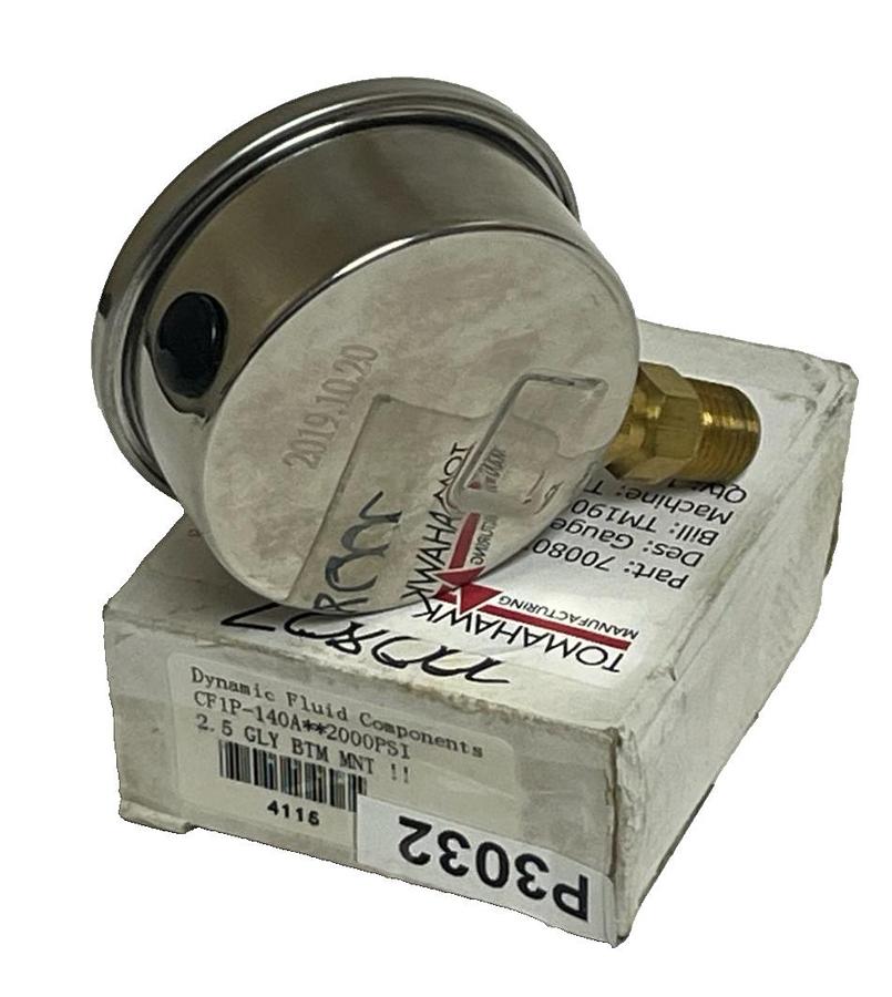 Used Dynamic Fluid Components CF1P-140A Pressure Gauge 2000 PSI 2.5" Face 1/4" NPT