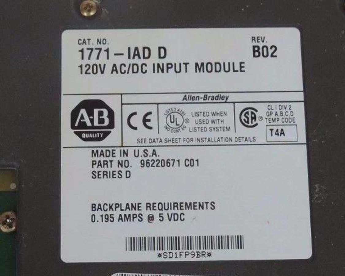 Used ALLEN BRADLEY 1771-IAD/D INPUT MODULE REV. B02 P/N 96220671 C01 SERIES D