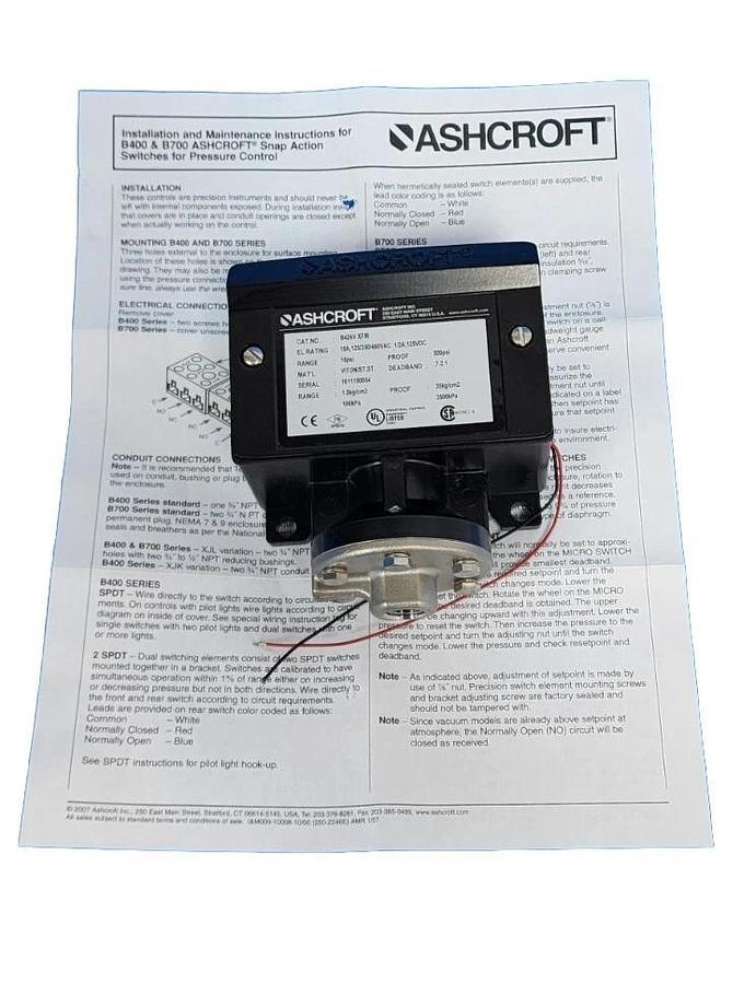 Used NIB ASHCROFT B424VXFM PRESSURE SWITCH V424V XFM RANGE: 15PSI