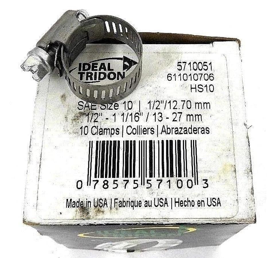 Used BOX OF 10 NEW IDEAL TRIDON 5710051 CLAMPS 611010706, SAE SIZE 10, 1/2" - 1 1/16"