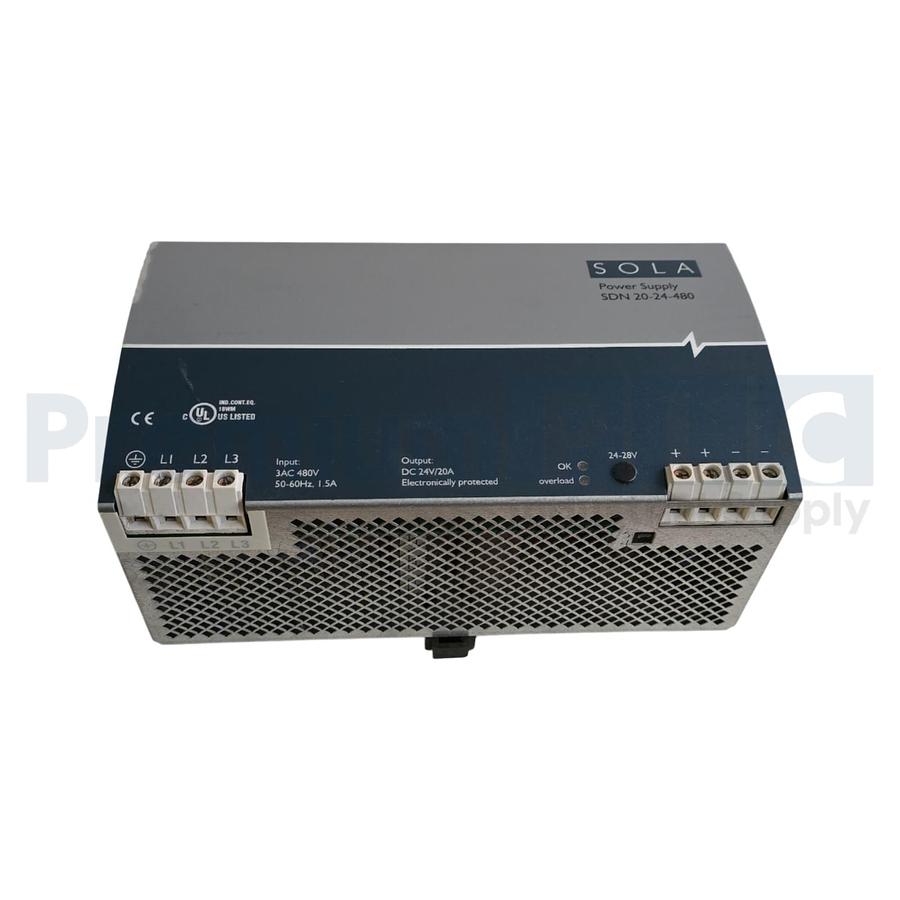Used EMERSON SolaHD SDN20-24-480 DIN RAIL POWER SUPPLY 24VDC-OUT 380-480 VAC-IN NUPI