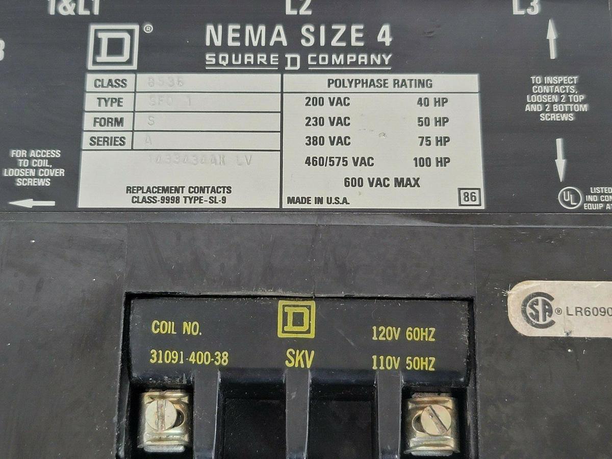 Used USED SQUARE D 8536-SF01S SER. A NEMA SIZE 4 CONTACTOR W/ 120V COIL 31091-400-38