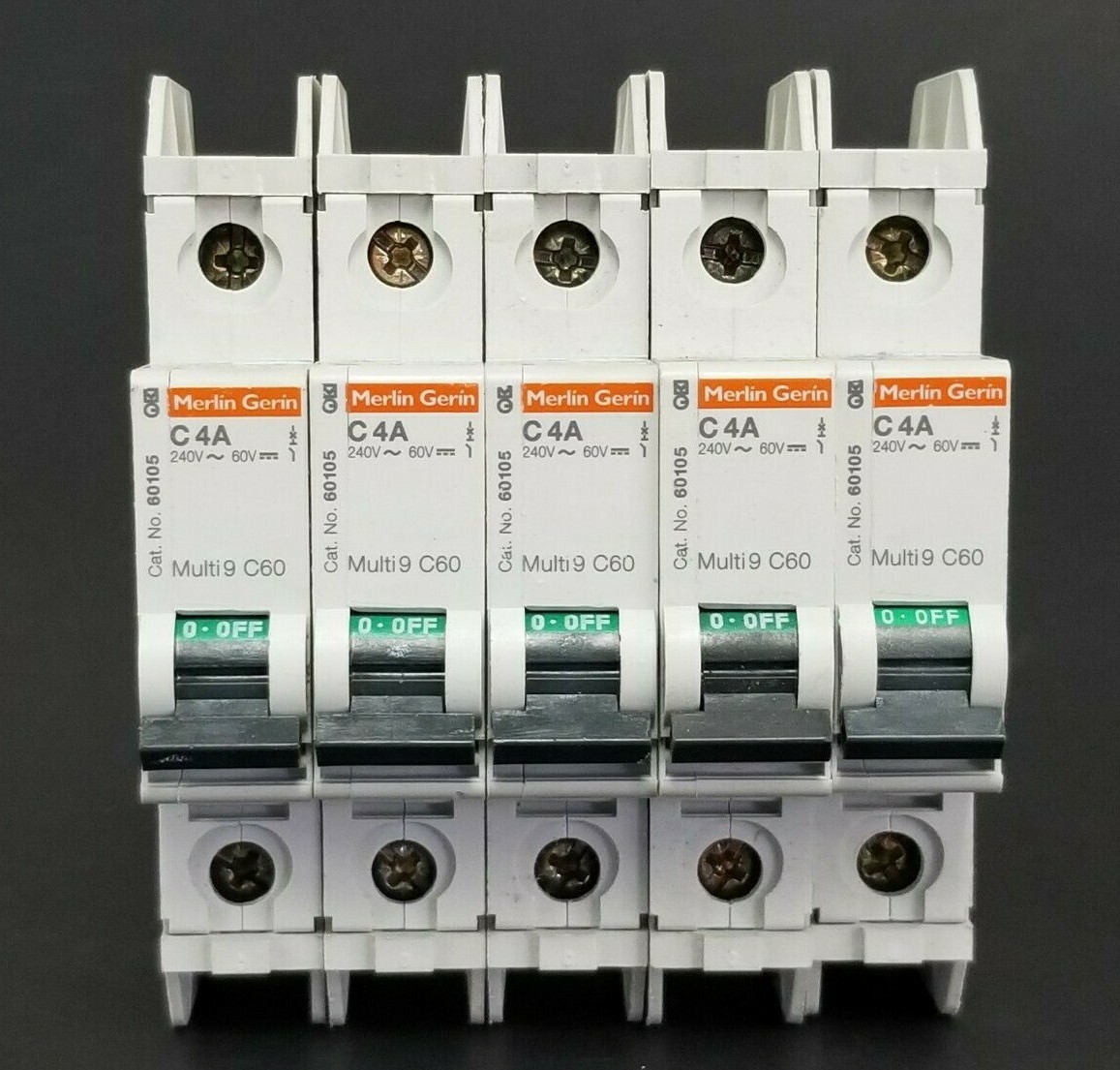 Used LOT OF 5 MERLIN GERIN CAT. NO. 60105 MULTI9 C60 CIRCUIT BREAKERS C4A 240V/60V