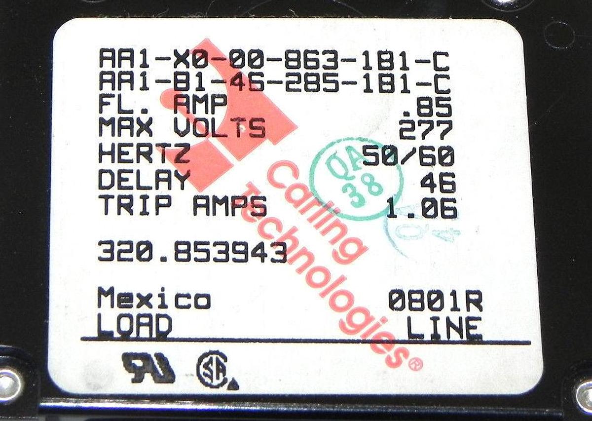 Used NIB CARLING TECHNOLOGIES AA1-X0-00-863-1B1-C TRIP AMPS 1.06, 320.853943
