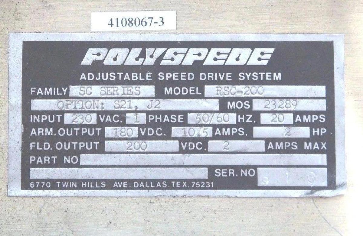 Used POLYSPEDE RSC-200 ADJUSTABLE SPEED DRIVE SYSTEM SC SERIES RSC200 2HP 1PHASE