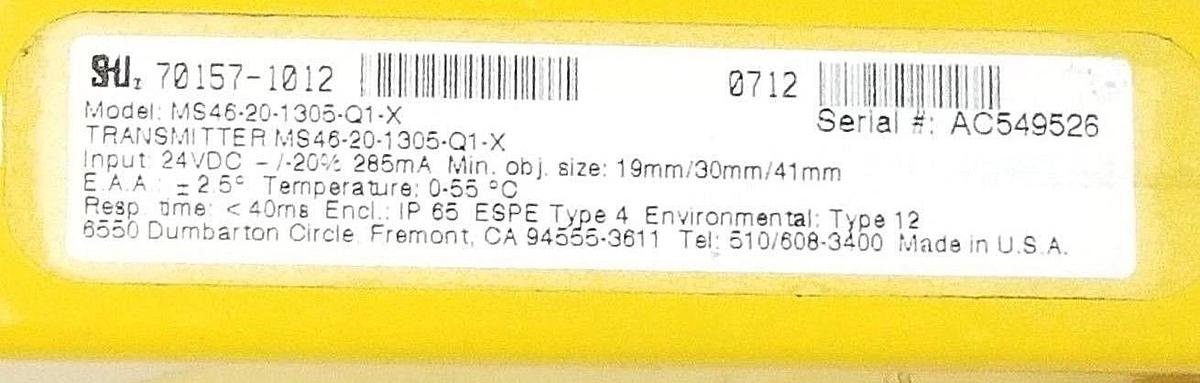 Used STI MS46-20-1305-Q1-X LIGHT CURTAIN TRANSMITTER 70157-1012, MS46201305Q1X