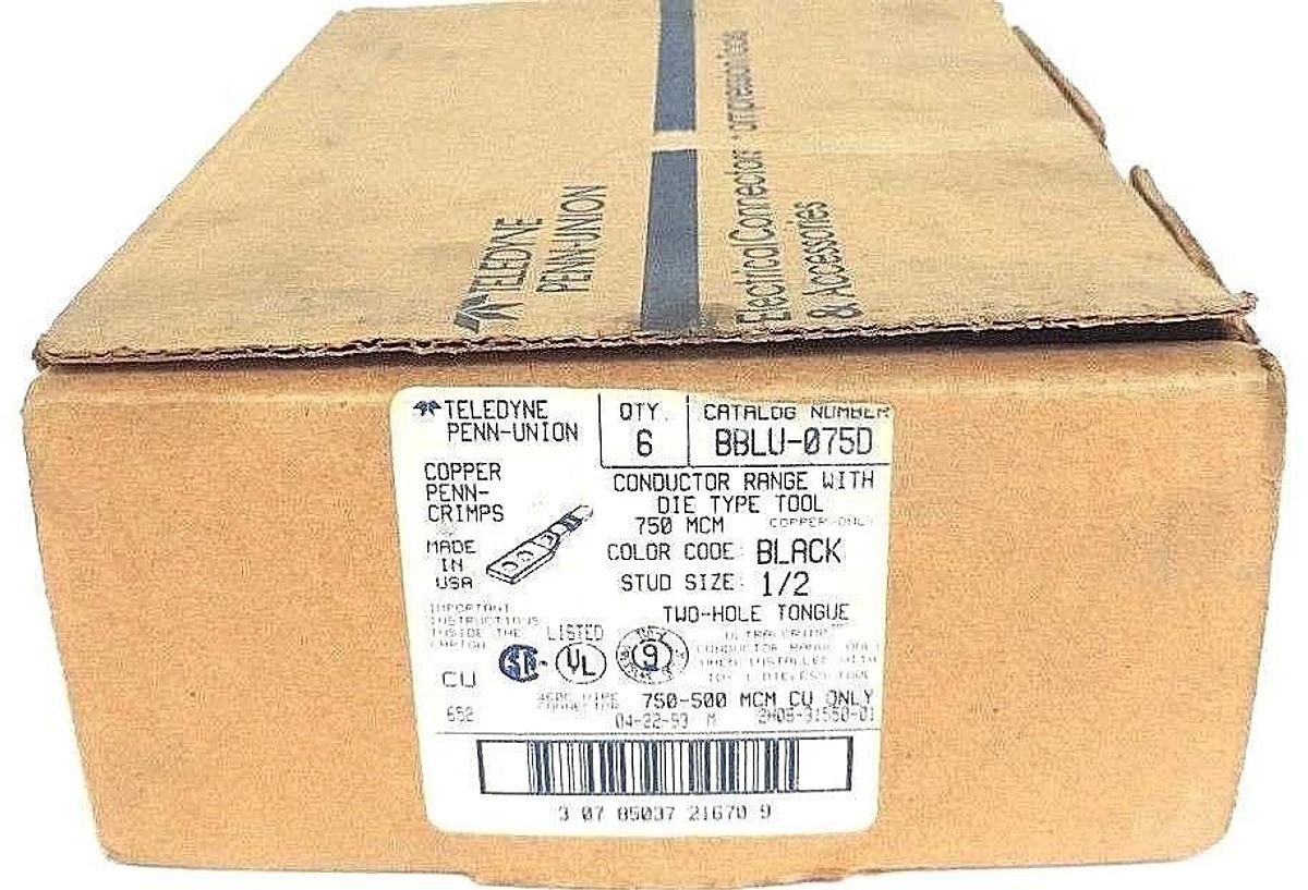 Used BOX OF 6 NEW TELEDYNE PENN-UNION BBLU-075D COPPER CRIMPS BLACK 1/2", 750MCM