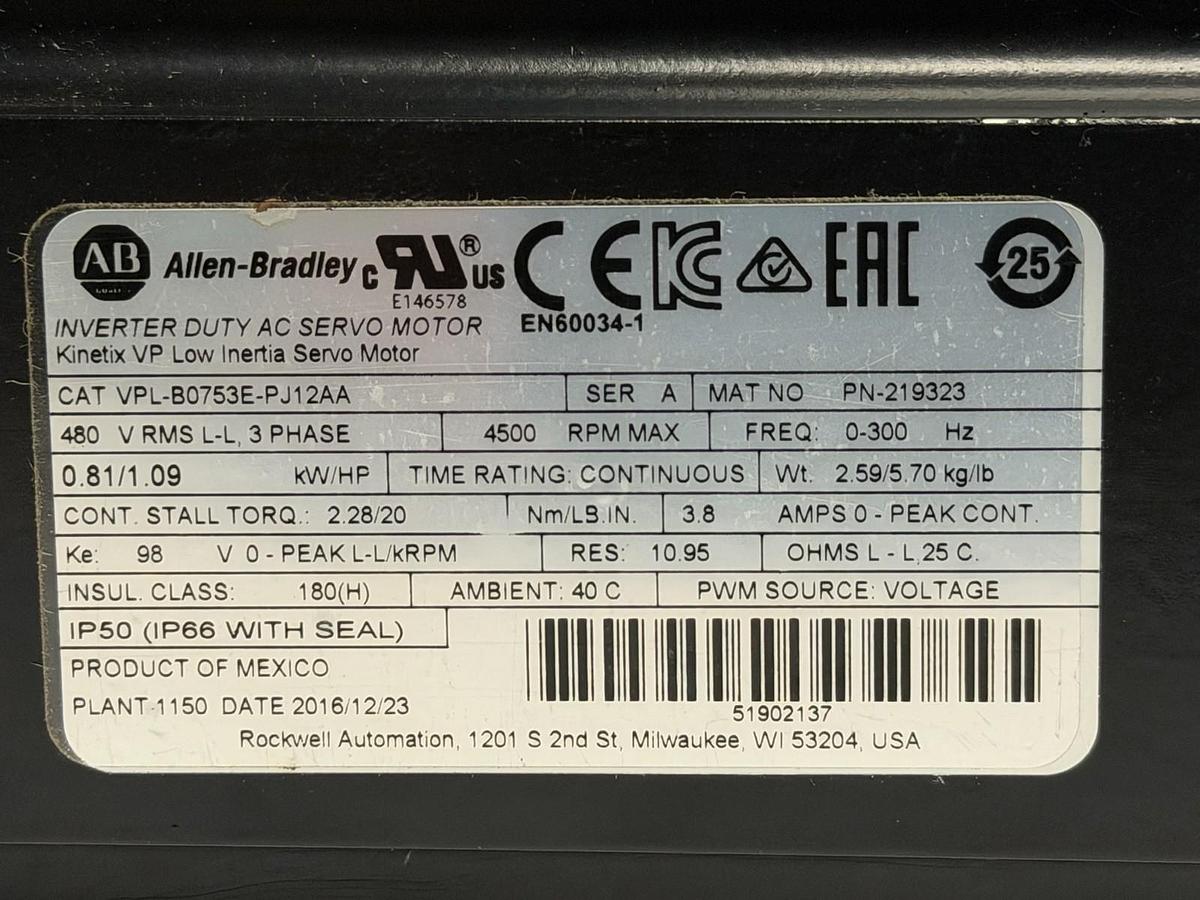 Used ALLEN BRADLEY VPL-B0753E-PJ12AA /A KINETIX VP LOW INERTIA SERVO MOTOR USNP