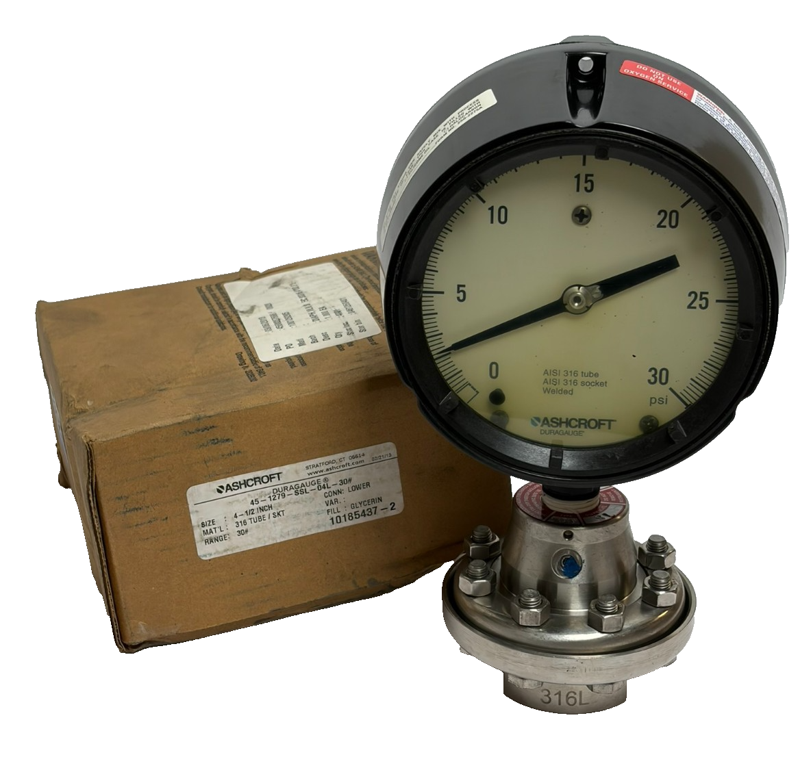 Used Ashcroft Duragauge 45-1279-SSL-04L-30# 4-1/2" Pressure Gauge 30 PSI New