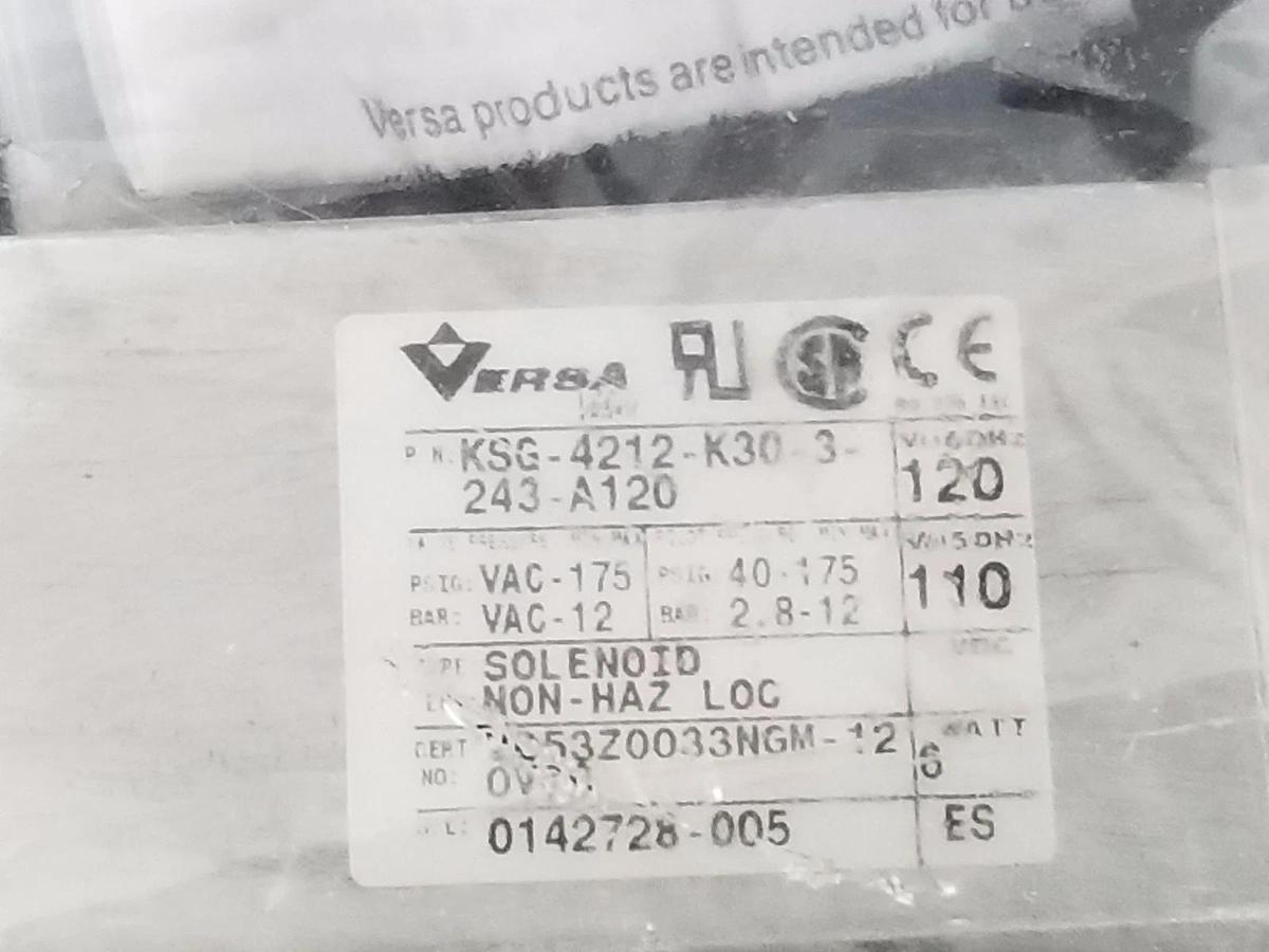 Used NIB VERSA VALVES KSG-4212-K30-3-243-A120 FOUR WAY VALVE 120V/60HZ, 0142728-005