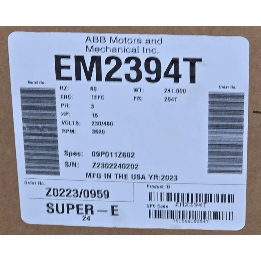 BALDOR ABB EM2394T SUPER-E MOTOR 15HP, 3520RPM, 3PH, 60HZ, 254T, 0930M, TEFC, F1