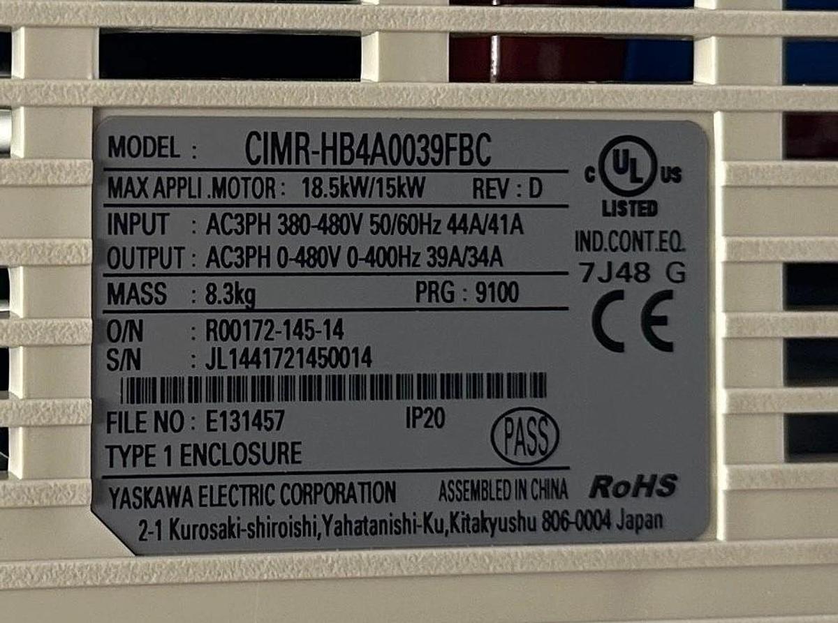 YASKAWA CIMR-HB4A0039FBC / H1000 AC DRIVE Rev. D 18.5kW/15kW 380-480VAC 3PH NSMP