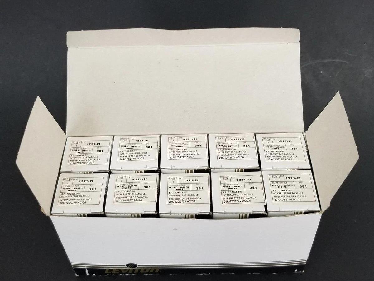 Used Box of 10 Leviton 1221-2I Ivory Toggle Switch 20A 120/277V Grounding - New