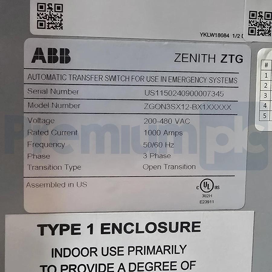 ABB Zenith ZTG ZGON3SX12-BX1XXXXX Transfer Switch 480V 1000A OXA1200U3S3QB-ZE