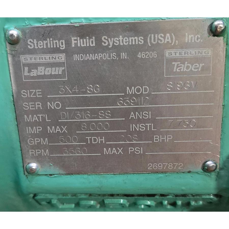 Refurbished STERLING PEERLESS LaBour 3X4-8G MTP 8196-M 316SS CENTRIFUGAL PUMP 500GPM REFURB