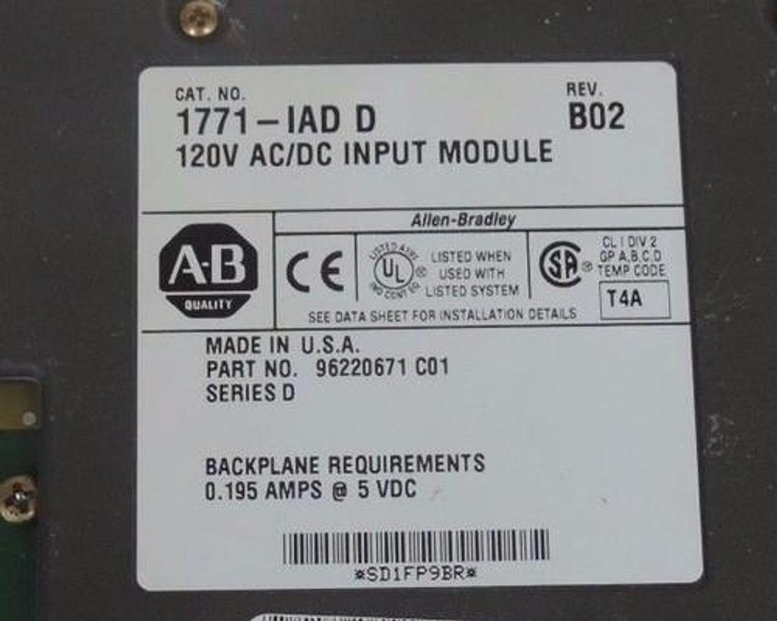 Used ALLEN BRADLEY 1771-IAD/D INPUT MODULE REV. B02 P/N 96220671 C01 SERIES D