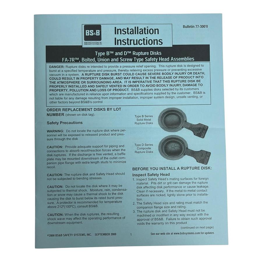 Used BS&B 3" DV (L) Rupture Disk 118 psi(G) 316 Stainless Steel Teflon 1067007 NEW