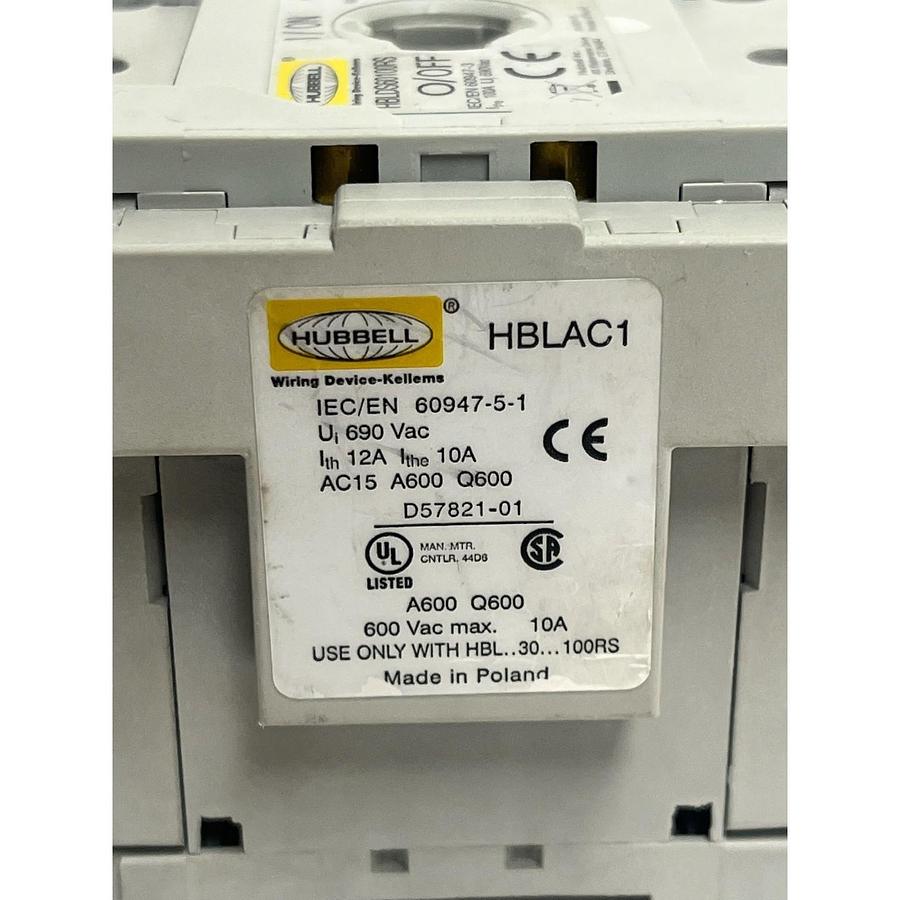 Used HUBBELL HBLDS60100RS SWITCH 60/100A W/ HBLAC1 AUX CONTACT