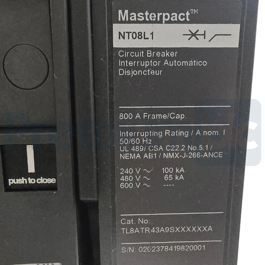 Square D TL8ATR43A9SXXXXXXA MasterPact NT Breaker Mod. NT08L1 3P 480V 800A NSMP