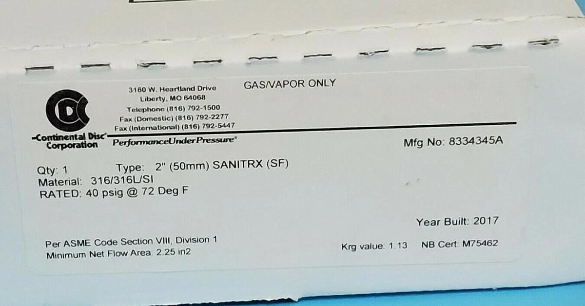 Used NIB CONTINENTAL DISC CORP. 8334345A TYPE: 2'' 50mm SANITRX (SF) RUPTURE DISC