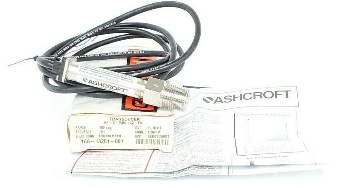 NIB ASHCROFT K1-5-M04-42-F4 TRANSDUCER 100PSIG 4-20mA 1/2" NPTM 6FT K15M0442F4#