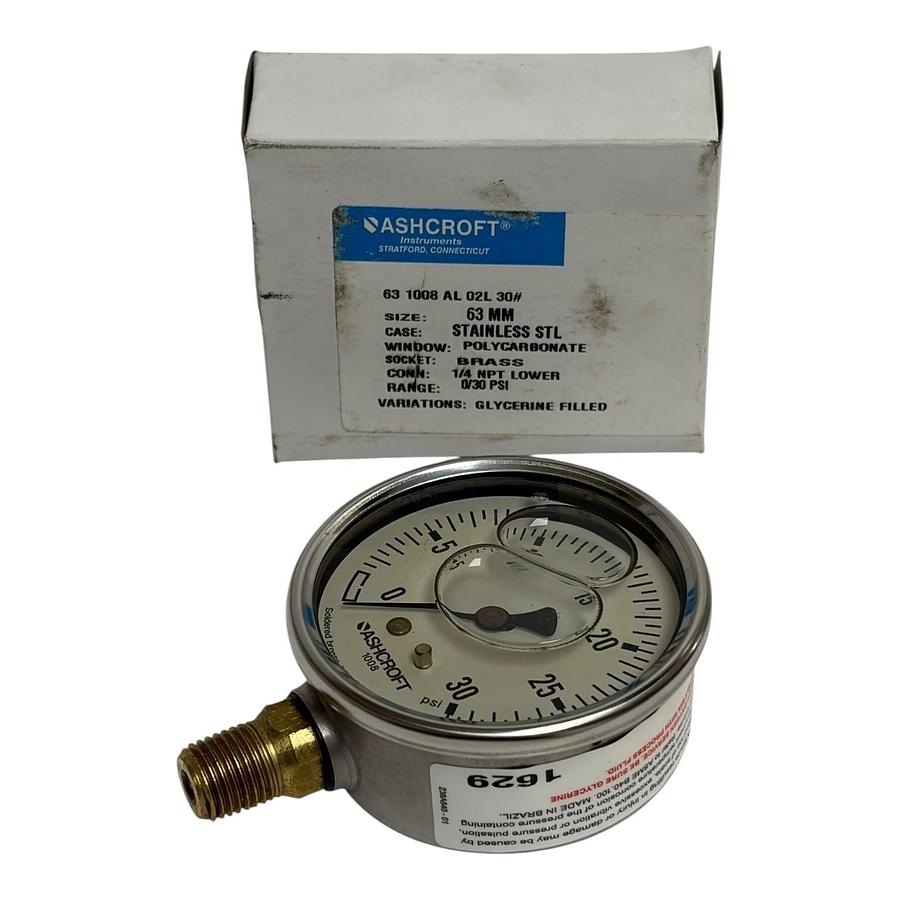 Used Ashcroft 63 1008 AL 02L 30# 63mm Pressure Gauge 0-30 PSI Glycerin Filled New