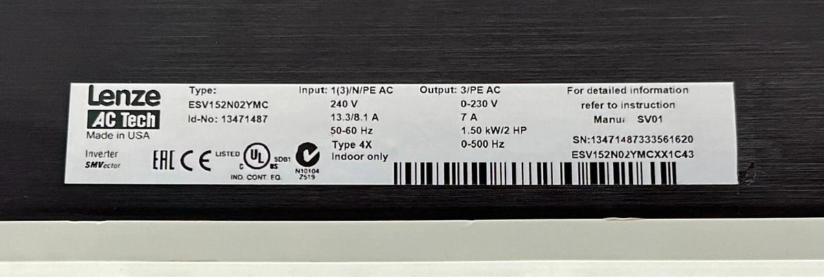 LENZE AC TECH ESV152N02YMC / 13471487 SMVector 1.5kW/2HP ESV152N02YMCXX1C43 NSMP