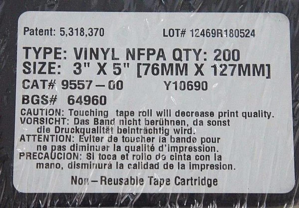 Used BRADY CAT# 9557-00 BGS# 64960 SIZE: 3'X5" (76MMX127MM) TYPE: VINYL NFPA QTY: 200