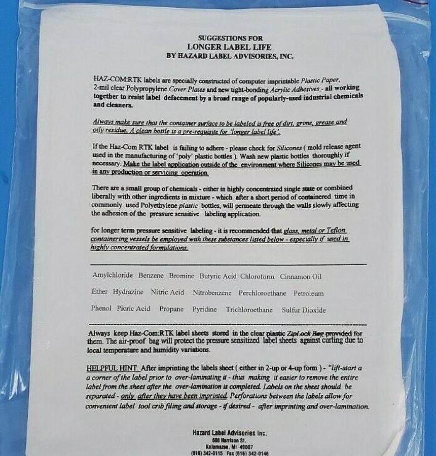 (50) NEW HAZARD LABEL ADVISORIES, INC. HAZ-COM:RTK O'LAM 1-40094 LABELS 1-494