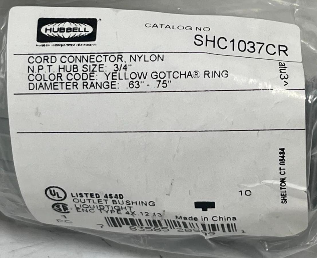 (3) Hubbell SHC1037CR Liquid Tight Cord Connector Straight Male 3/4" Nylon Gray