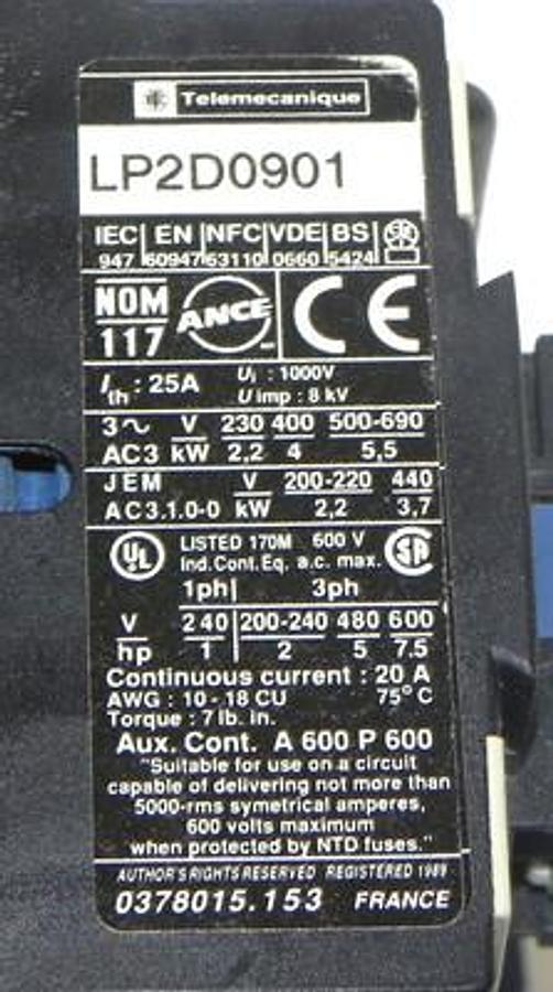 Used TELEMECANIQUE LP2D0901 REVERSING CONTACTOR