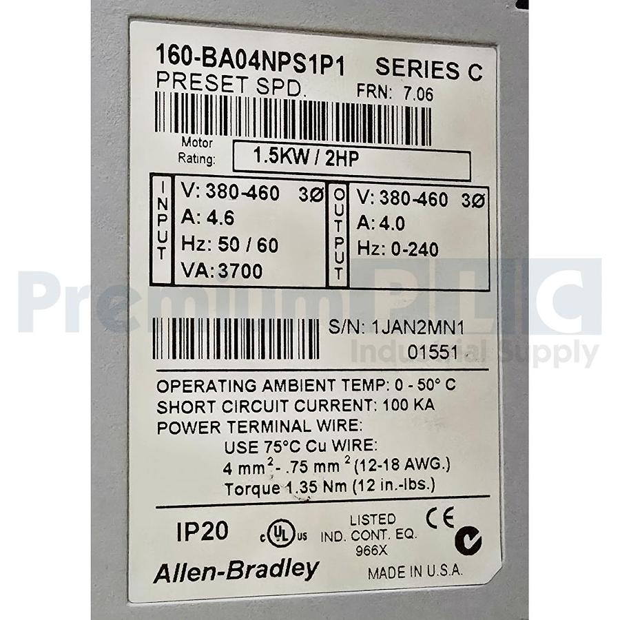 Used ALLEN BRADLEY 160-BA04NPS1P1 /C 160 SSC VARIABLE SPEED DRIVE 1.5kW/2HP FRN 7.06