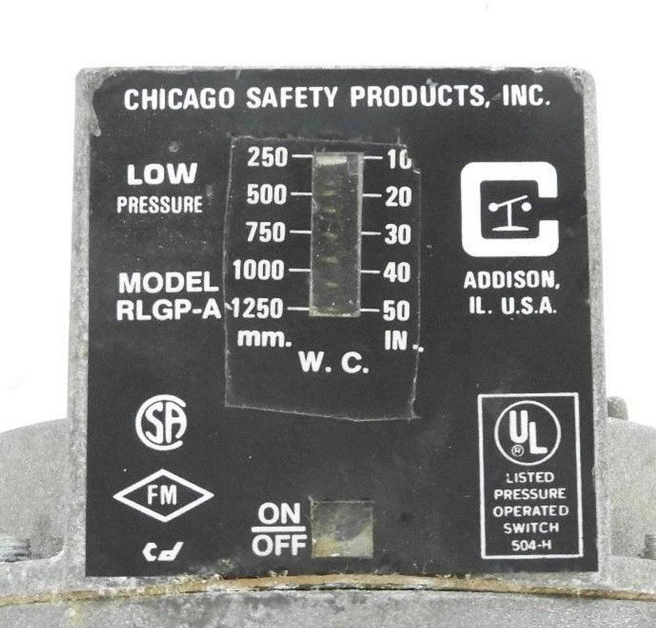 Used CHICAGO SAFETY PRODUCTS RLGP-A LOW PRESSURE SWITCH, 10-50IN, 250-1250MM