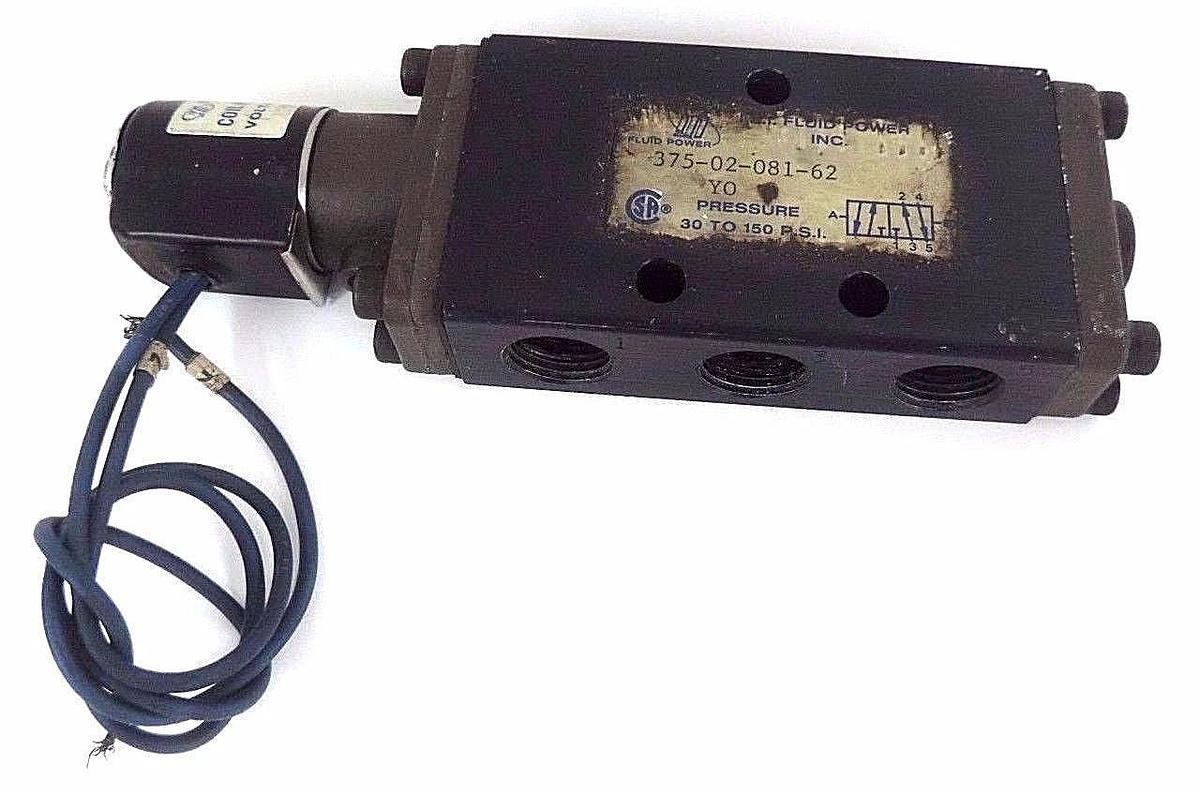 Used FLUID POWER 375-02-081-62 PNEUMATIC VALVE 30 TO 150 PSI W/ 26E01033 COIL
