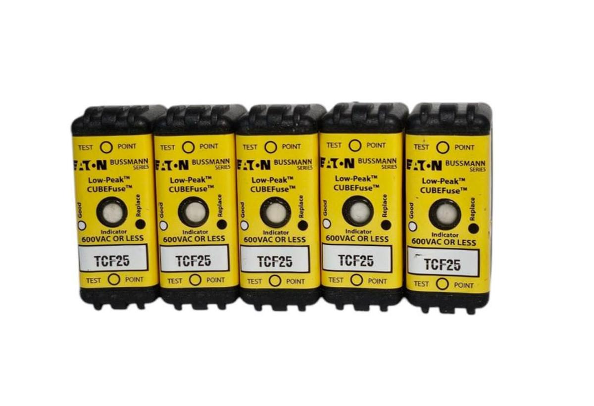 LOT OF 5 EATON BUSSMANN SERIES TCF25 LOW-PEAK CUBEFuses