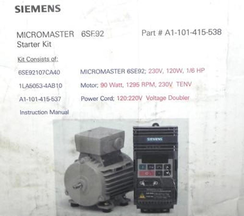 NIB SIEMENS 6ES92 P/N: A1-101-415-538 MICROMASTER STARTER KIT, 6SE9210-7CA40