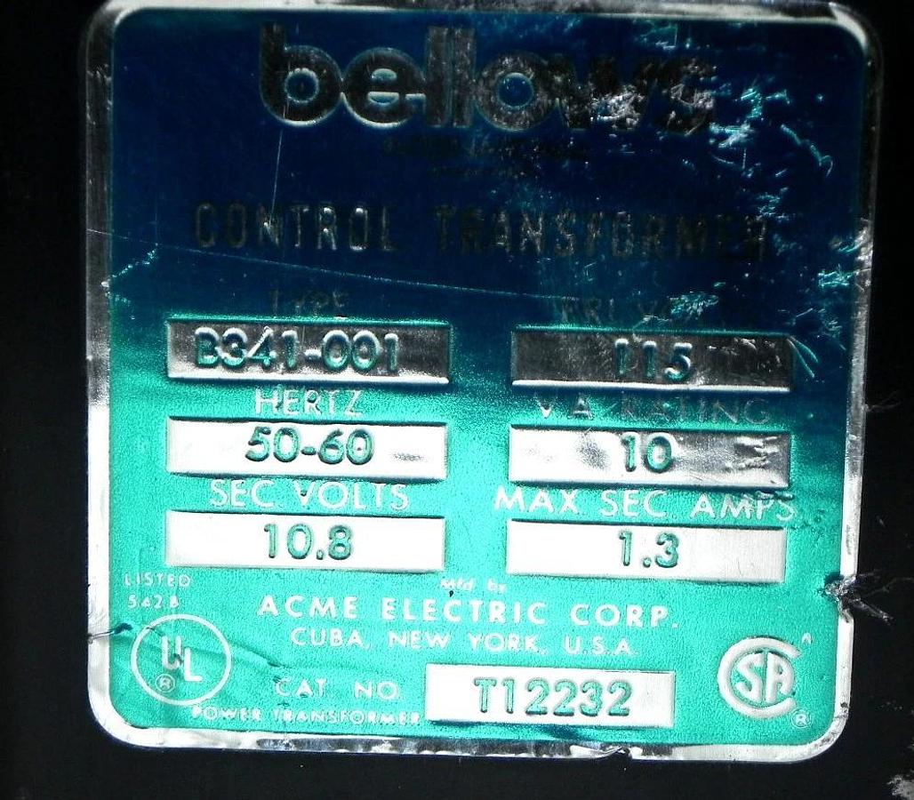 Used BELLOWS B341-001 CONTROL TRANSFORMER CAT. NO. T12232