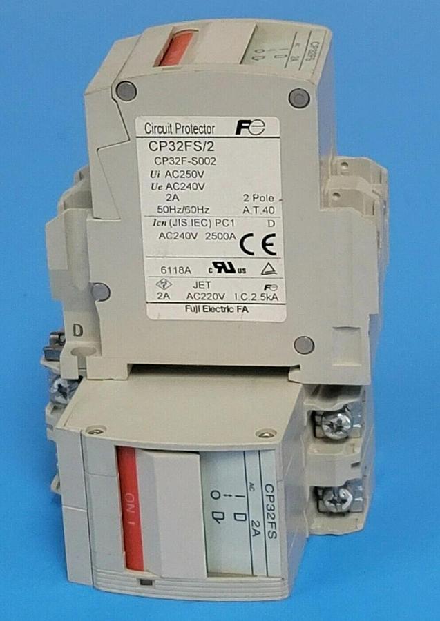 Used LOT OF 2 FUJI ELECTRIC CP32FS/2 CIRCUIT BREAKERS 2AMP 2POLE, CP32F-S002, CP32FS