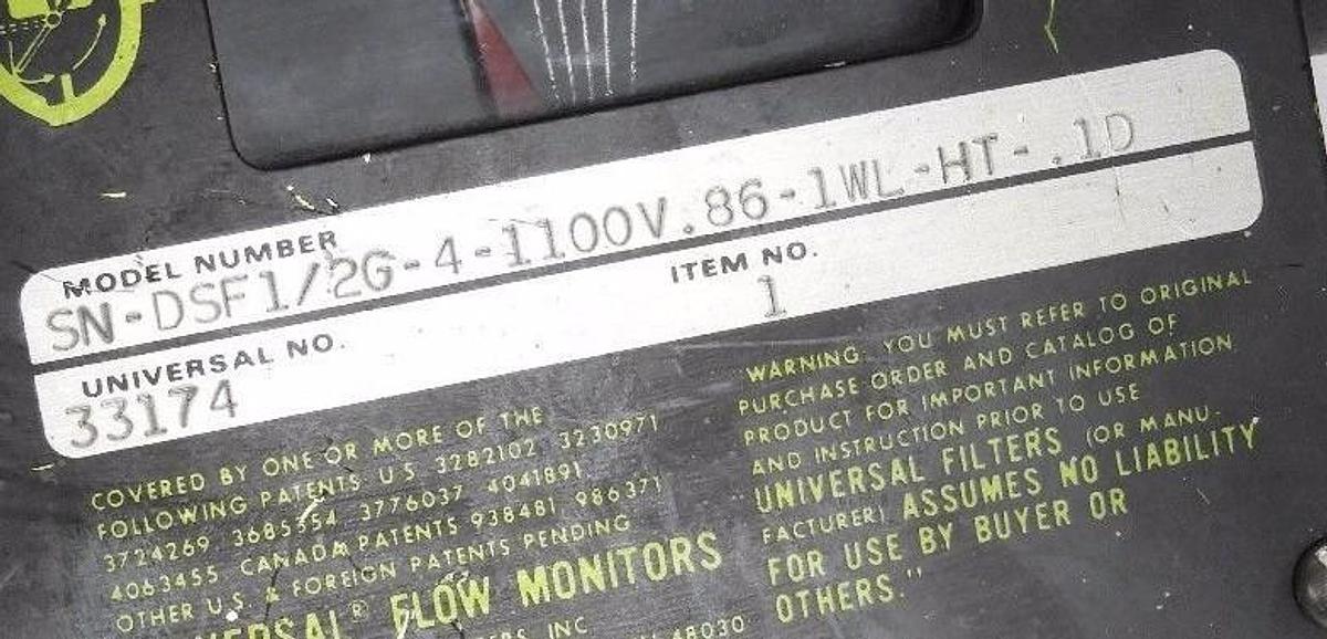 Used UNIVERSAL FLOW MONITORS 33174 FLOW METER SN-DSF1/2G-4-1100V.86-1WL-HT-.1D