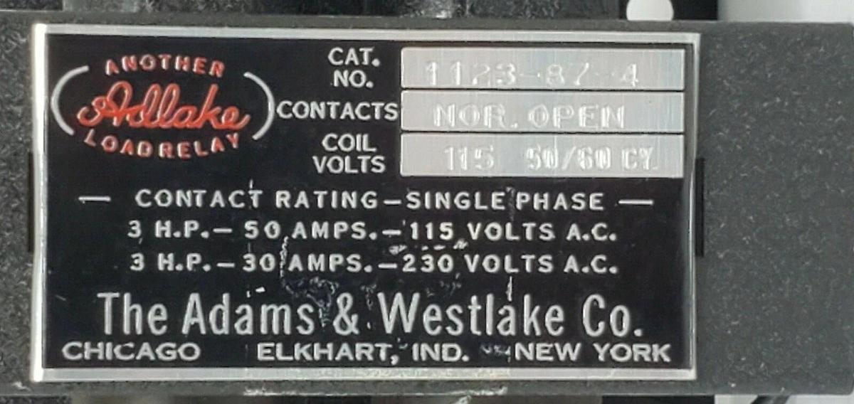 Used ADLAKE 1123-87-4 RELAY NOR. OPEN 115V 50/60HZ, 1123874