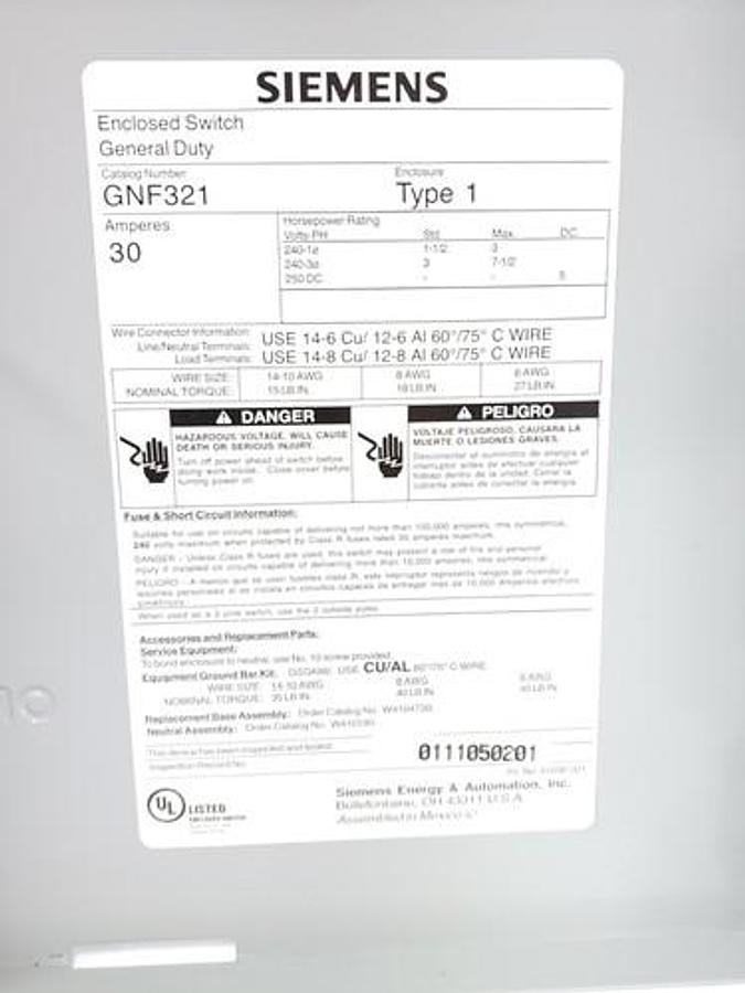 Used SIEMENS GNF321 GENERAL DUTY ENCLOSED SWITCH 30AMPS TYPE 1 ENCLOSURE