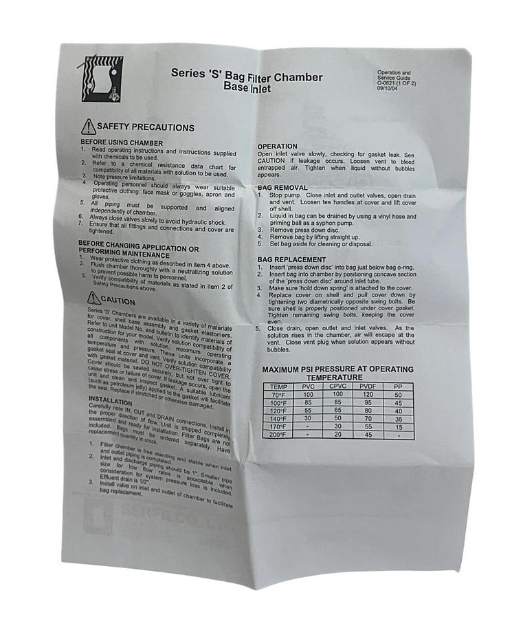 SERFILCO P-78-1773-PV / P781773PV SERIES 'S' BAG CHAMBER 30'' CPVC/FKM OEM NSMP