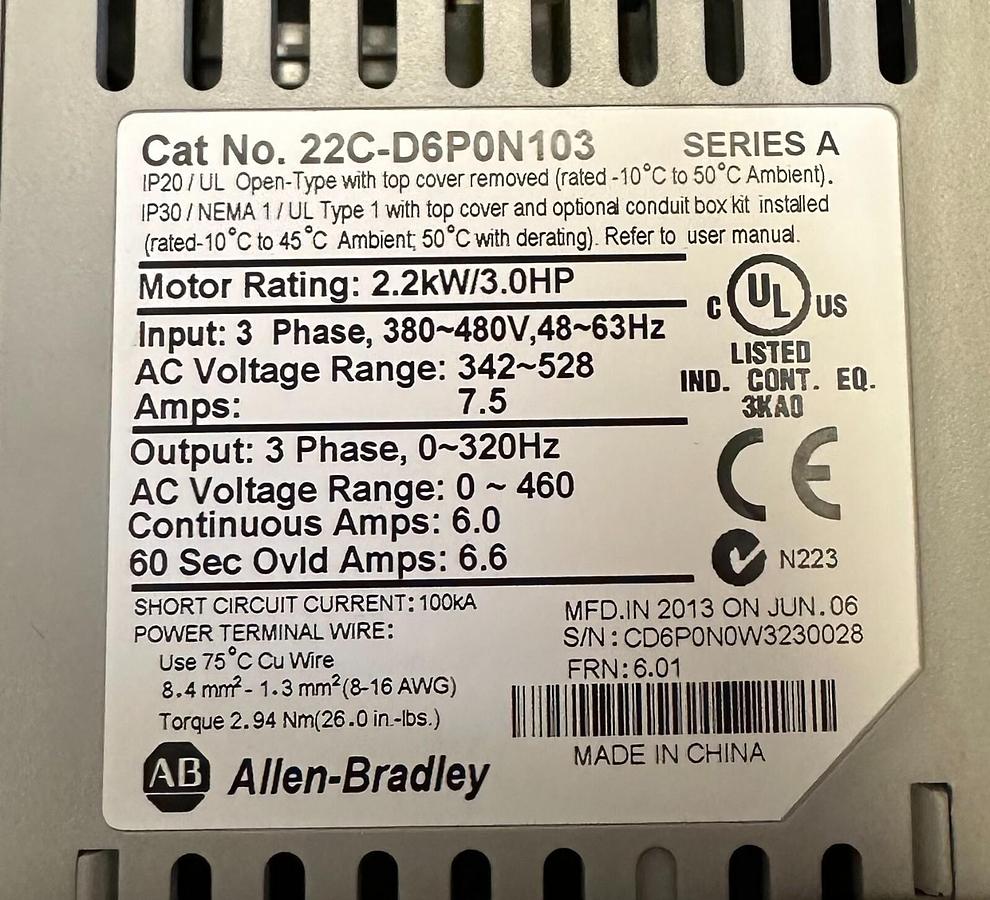 Used NEW ALLEN BRADLEY 22C-D6P0N103 /A PowerFlex 400 AC DRIVE 2.2kW3.0HP 22CD6P0N103