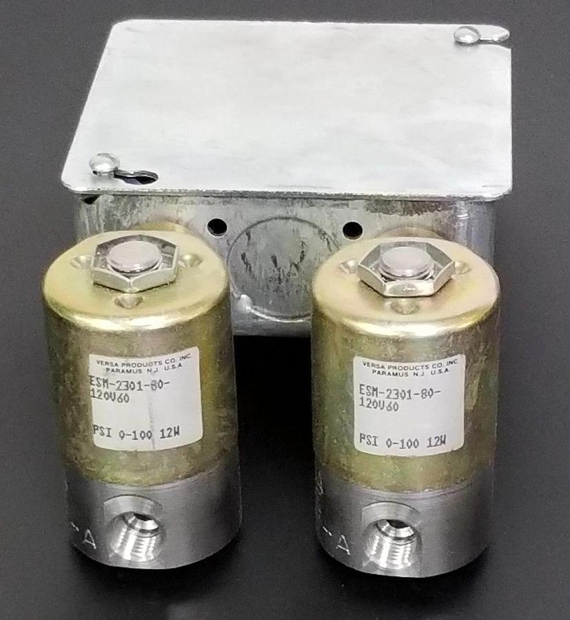Used LOT OF 2 VERSA ESM-2301-80-120V60 SOLENOID VALVES W/ CABLE HOUSING