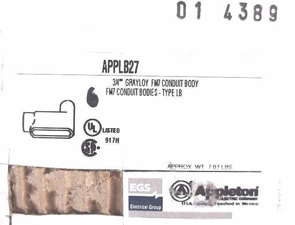 BOX OF 6 NEW APPLETON APPLB27 GRAYLOY CONDUIT BODIES 3/4" FM7 BODIES TYPE LB