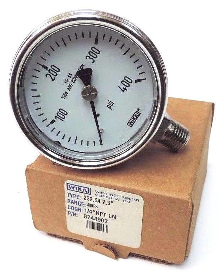 Used NIB WIKA TYPE: 232.54 2.5'' P/N: 9744967, CONN: 1/4'' NPT LM, RANGE: 400PSI
