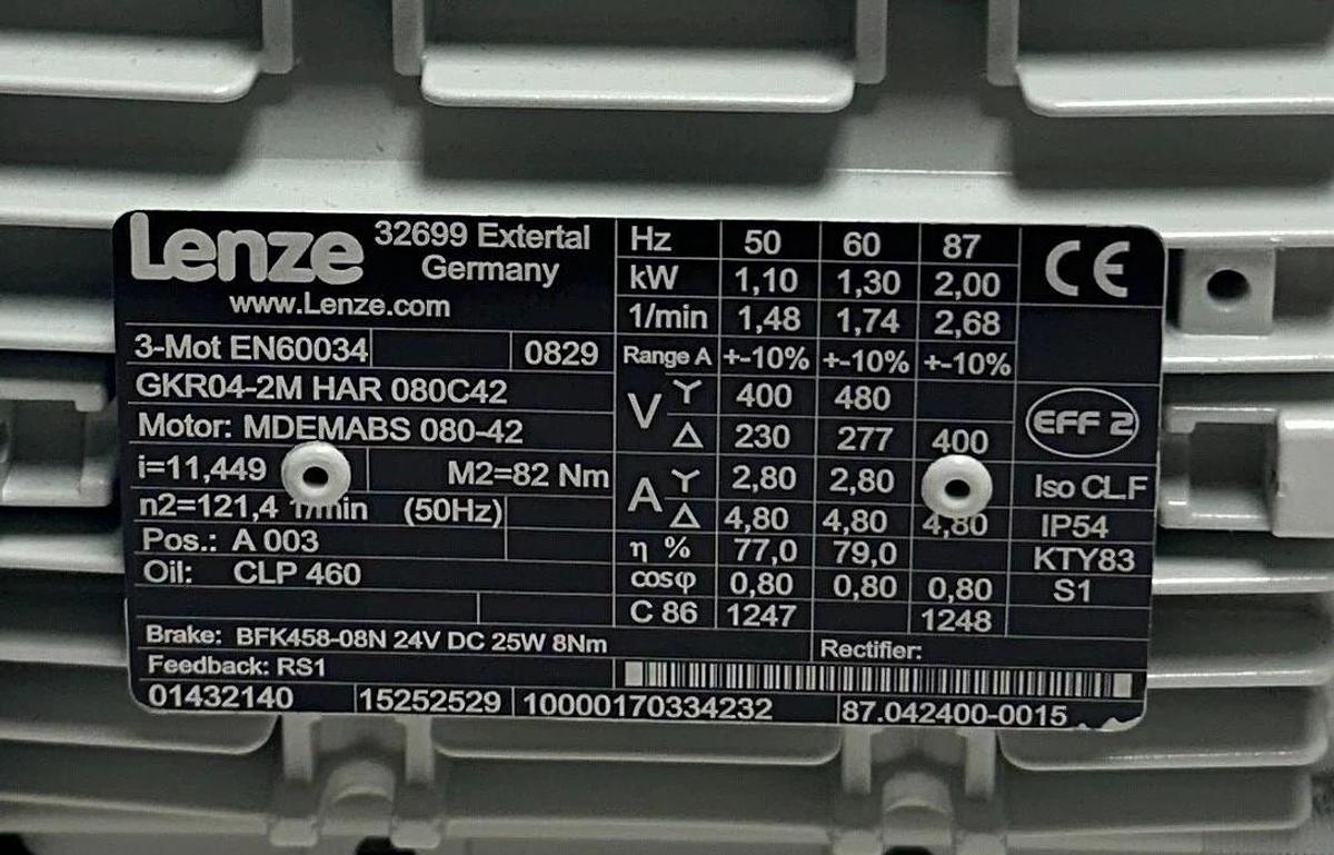 LENZE GKR04-2M HAR 080C42 / 15252529 / MDEMABS 080-42 GEAR MOTOR W/ BRAKE NSNP