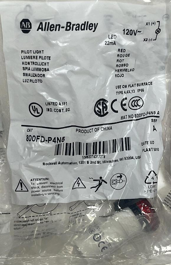 Used Lot of 15 Allen-Bradley 800FD-P4N5 Pilot Light Red LED 120VAC 22.5mm New Sealed
