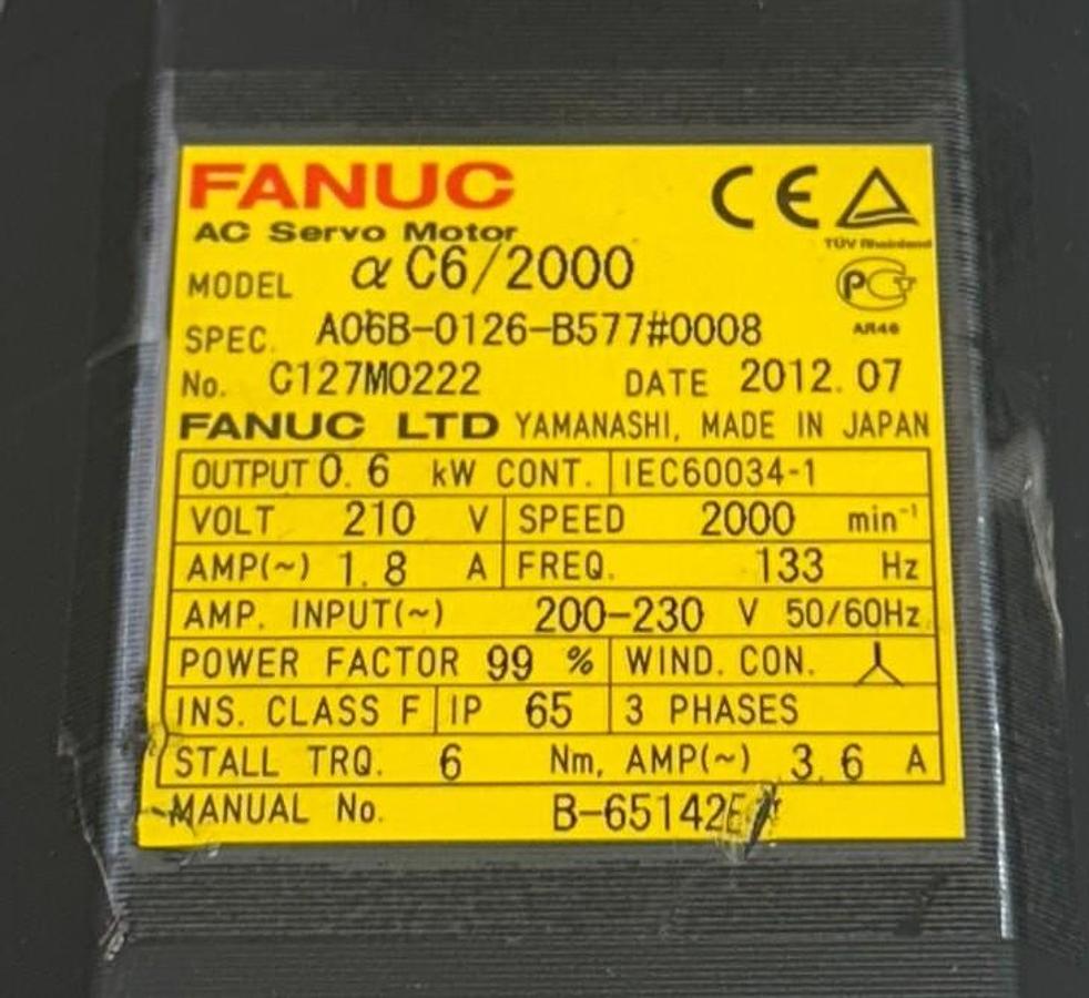 Used FANUC A06B-0126-B577#0008 / A06B0126B5770008 AC SERVO MOTOR aC6/2000 0.6kW NSNP